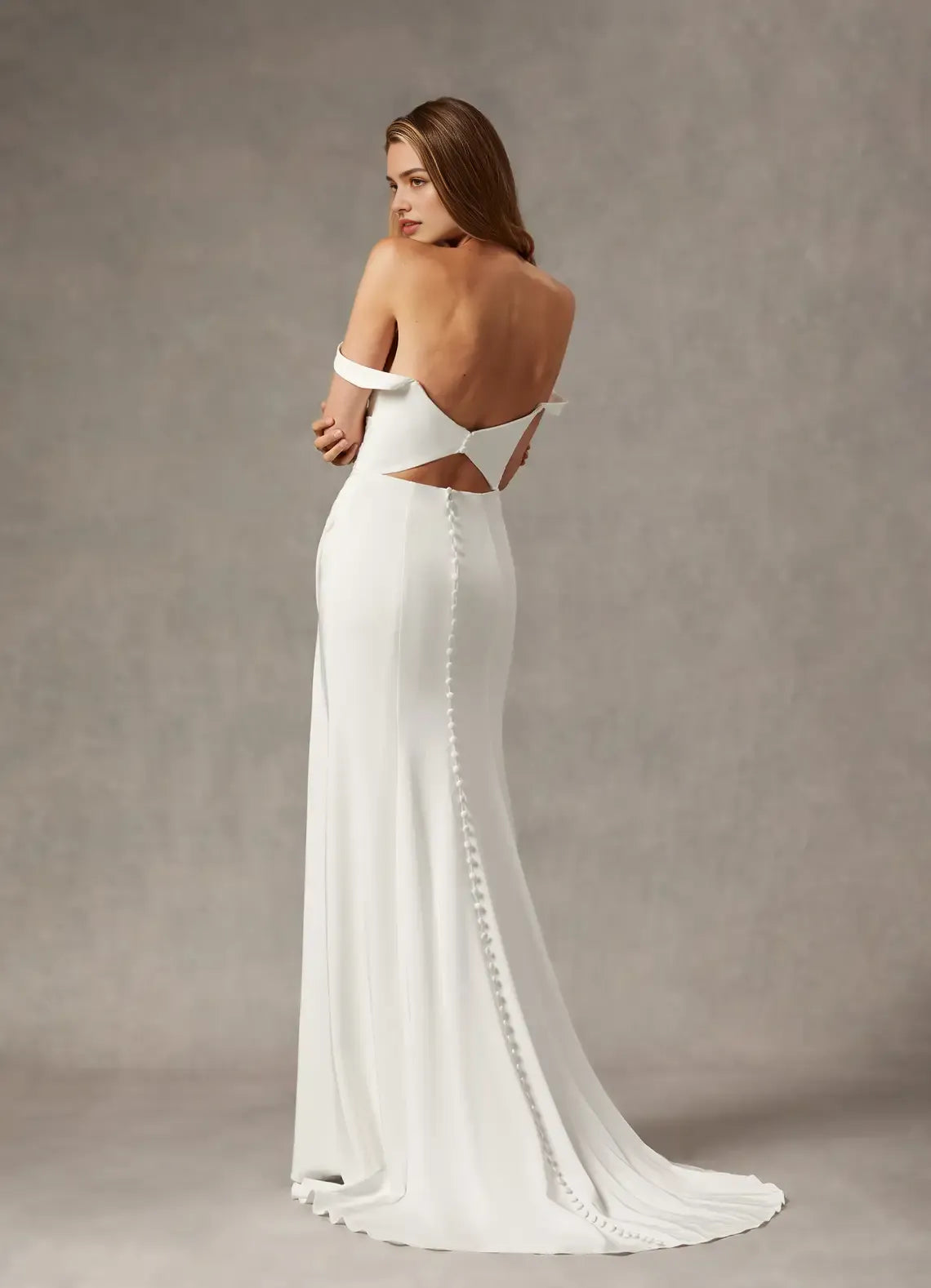 Unique Mermaid Scoop Pleated Crepe Back Satin Wedding Dresses Off - Shoulder Neckline Draped Ruched Detailing High Slit Train Stand Out with Elegant Bridal Style