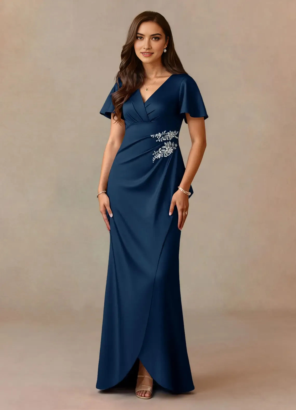 Unique Navy Mother of the Bride Dresses  Sophisticated V - Neckline Sheer Chiffon Flutter Sleeves Draped Ruched Detailing Sparkling Floral Embroidery  Timeless Asymmetric Hemli