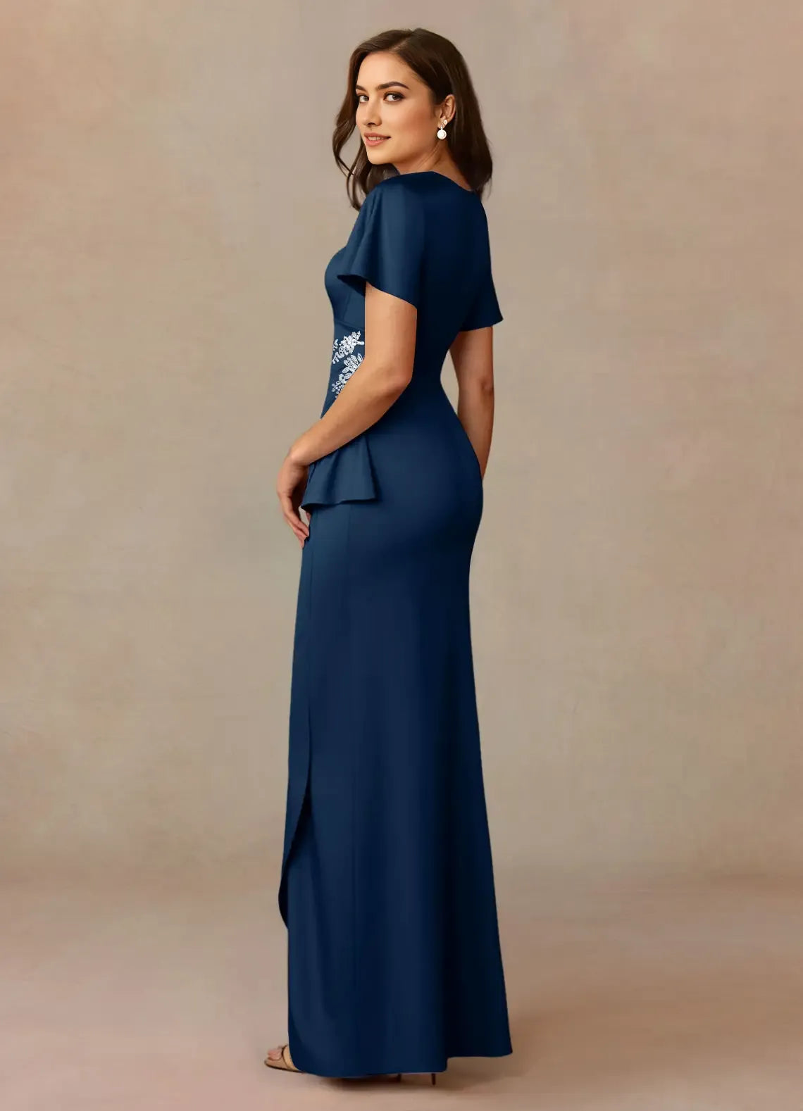 Unique Navy Mother of the Bride Dresses  Sophisticated V - Neckline Sheer Chiffon Flutter Sleeves Draped Ruched Detailing Sparkling Floral Embroidery  Timeless Asymmetric Hemli
