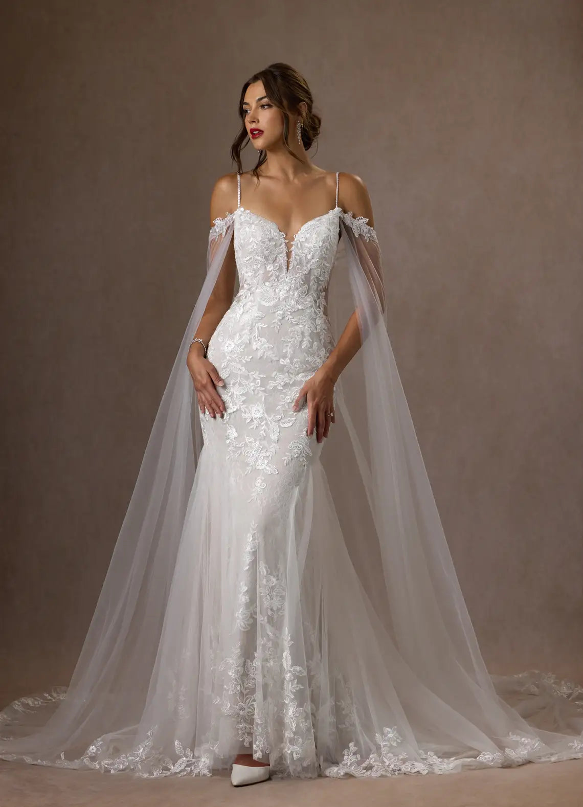 Unique Off Shoulder Mermaid V-Neck Sequins Tulle Cape Wedding Dress Sheer Tulle Floral Lace Appliqués Plunging Sequins Silhouette Train