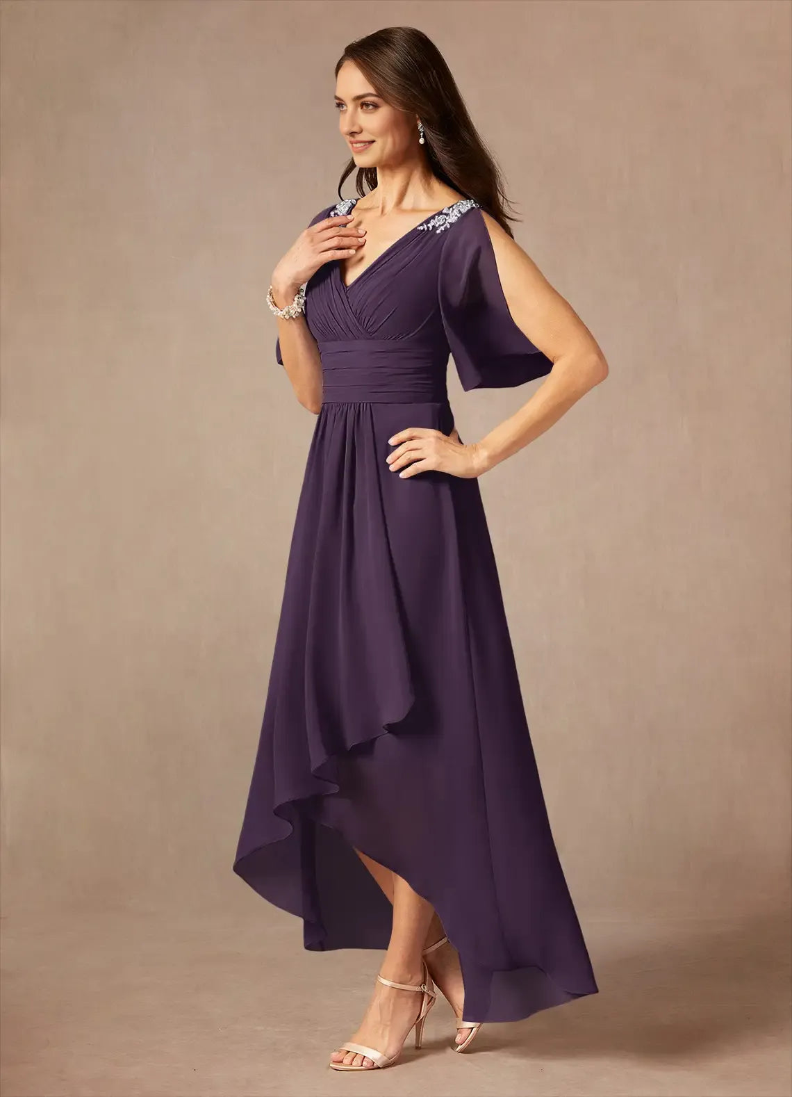 Unique Plum A-Line Pleated Chiffon Mother of the Bride Dresses with Embellished Shoulder Accents Surplice V - Neck Flutter Sleeves Sophisticated