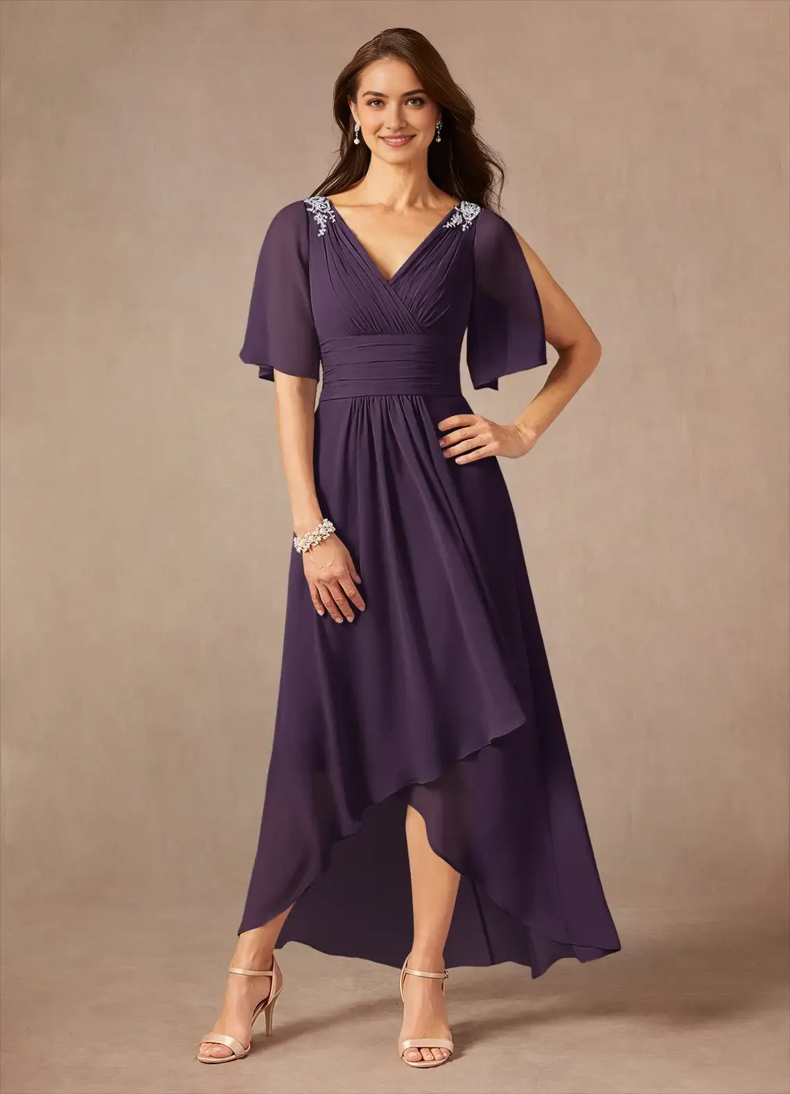 Unique Plum A-Line Pleated Chiffon Mother of the Bride Dresses with Embellished Shoulder Accents Surplice V - Neck Flutter Sleeves Sophisticated