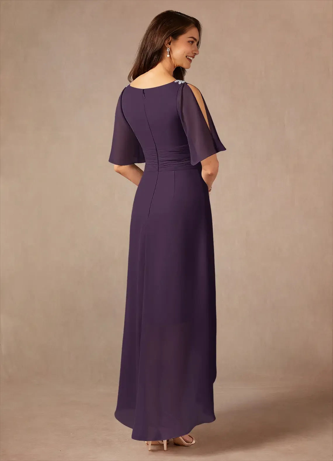 Unique Plum A-Line Pleated Chiffon Mother of the Bride Dresses with Embellished Shoulder Accents Surplice V - Neck Flutter Sleeves Sophisticated
