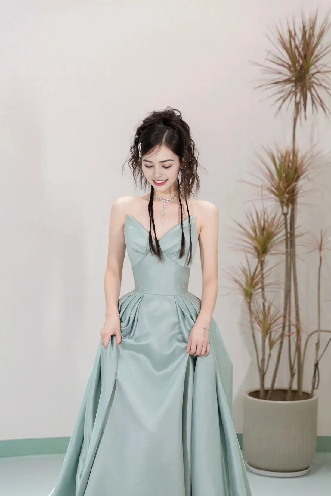 Unique Satin Floor Length Prom Dress  A-line Strapless Formal Evening Dress