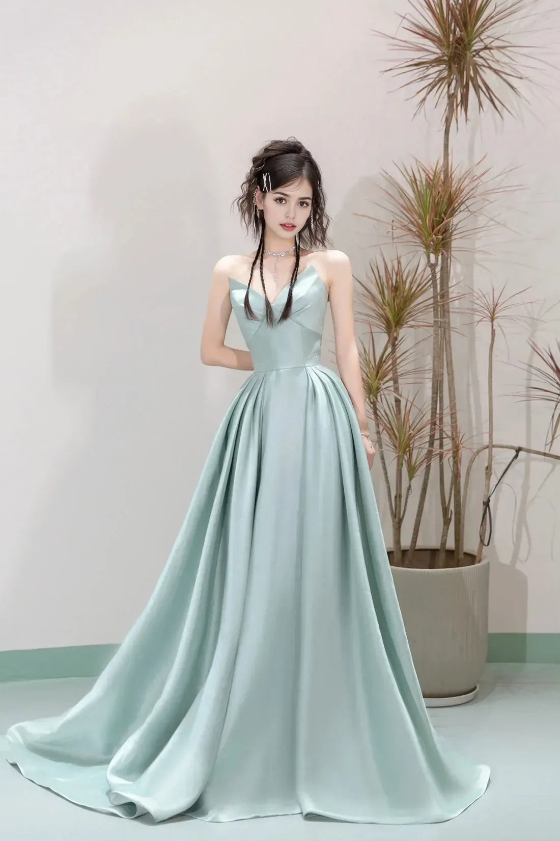 Unique Satin Floor Length Prom Dress  A-line Strapless Formal Evening Dress