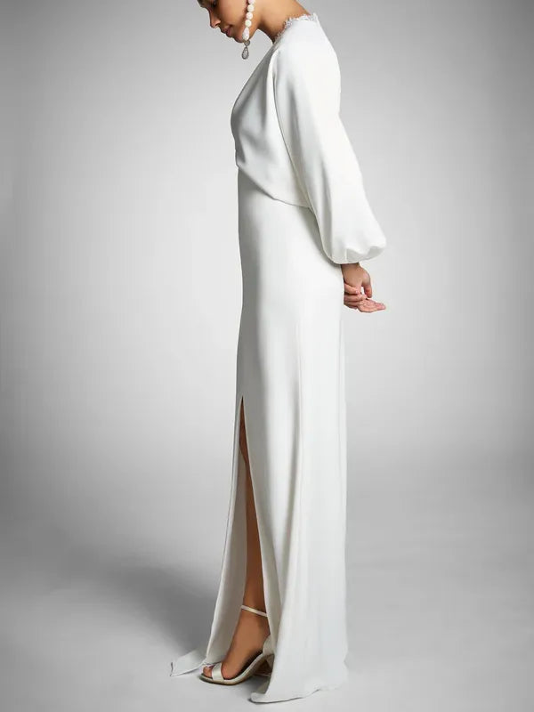 Unique Satin Wedding Gown Deep V - Neck Sheer Lantern Sleeves Lace Accent High Side Slit