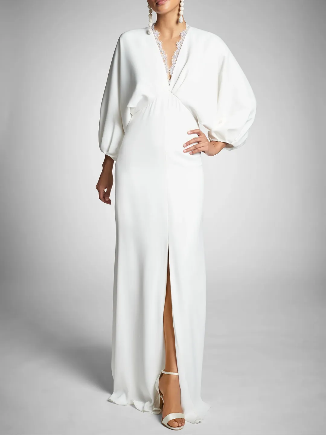 Unique Satin Wedding Gown Deep V - Neck Sheer Lantern Sleeves Lace Accent High Side Slit