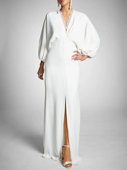 Unique Satin Wedding Gown Deep V - Neck Sheer Lantern Sleeves Lace Accent High Side Slit