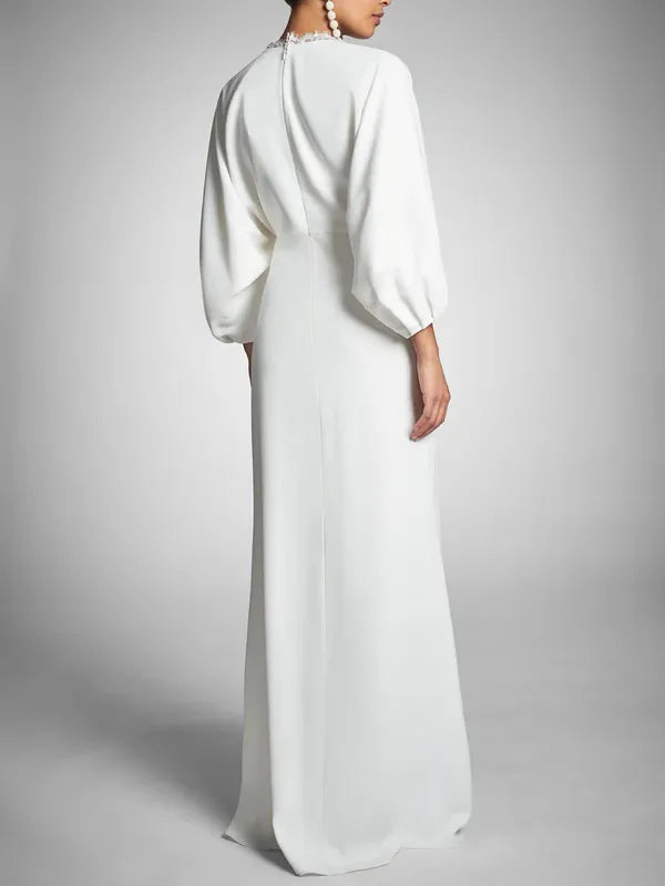 Unique Satin Wedding Gown Deep V - Neck Sheer Lantern Sleeves Lace Accent High Side Slit