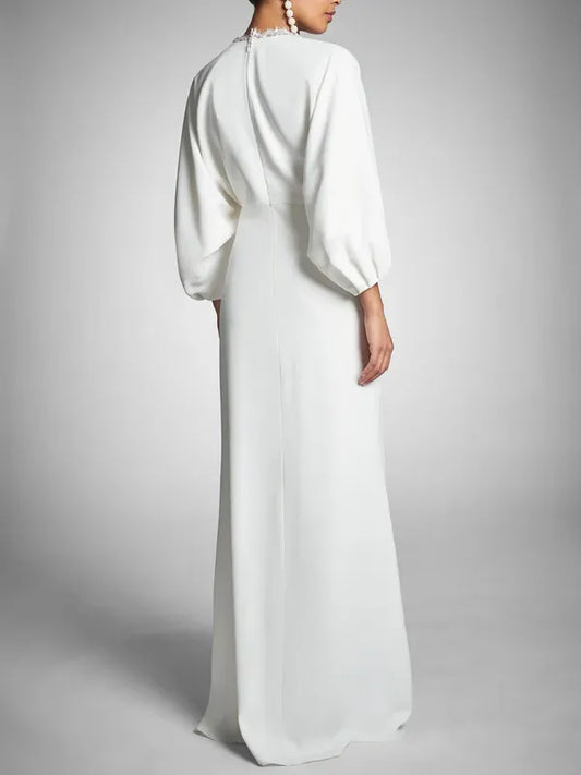 Unique Satin Wedding Gown Deep V - Neck Sheer Lantern Sleeves Lace Accent High Side Slit