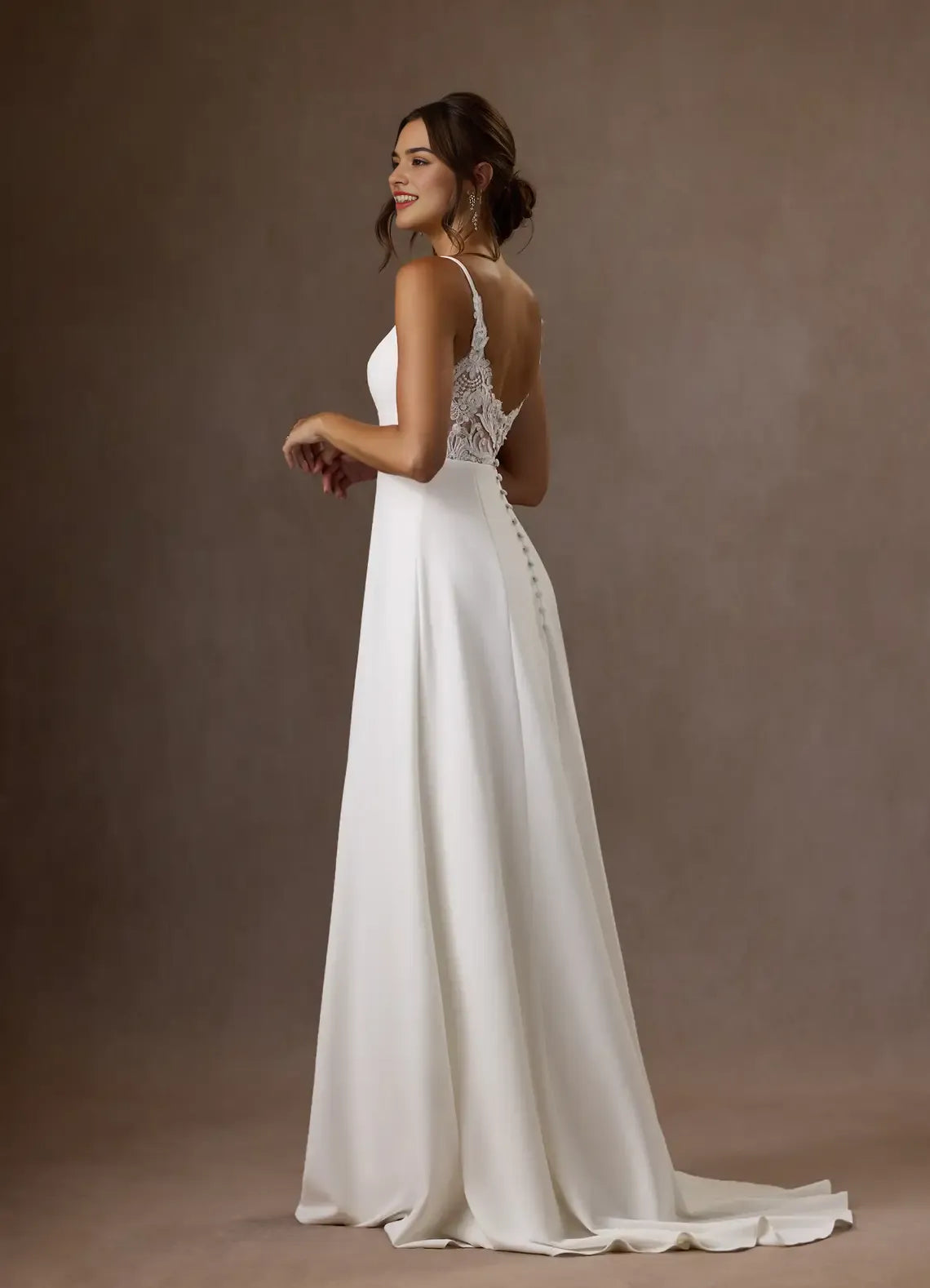 Unique Spaghetti Strap White A-Line V-Neck Sequins Crepe Wedding Dress Satin Plunging Flowy Silhouette Hot Sale