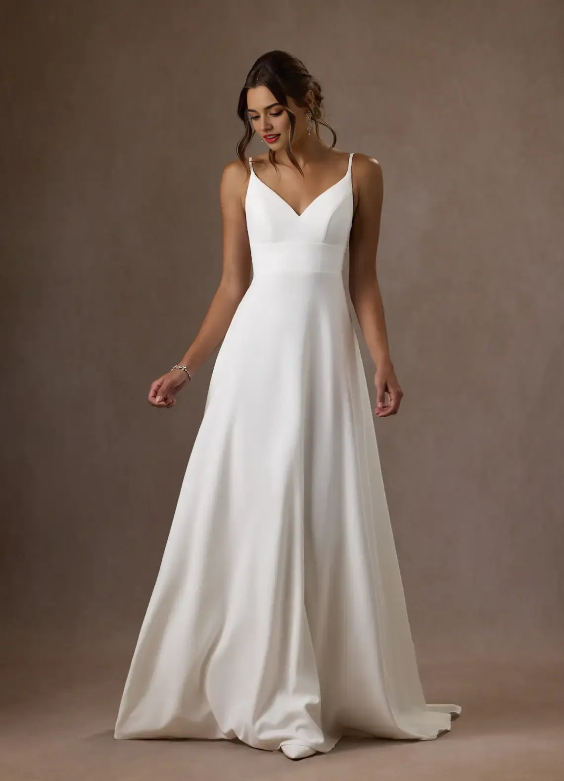 Unique Spaghetti Strap White A-Line V-Neck Sequins Crepe Wedding Dress Satin Plunging Flowy Silhouette Hot Sale