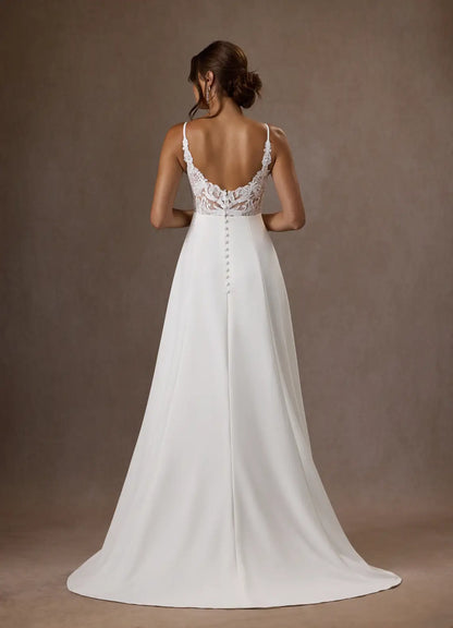 Unique Spaghetti Strap White A-Line V-Neck Sequins Crepe Wedding Dress Satin Plunging Flowy Silhouette Hot Sale