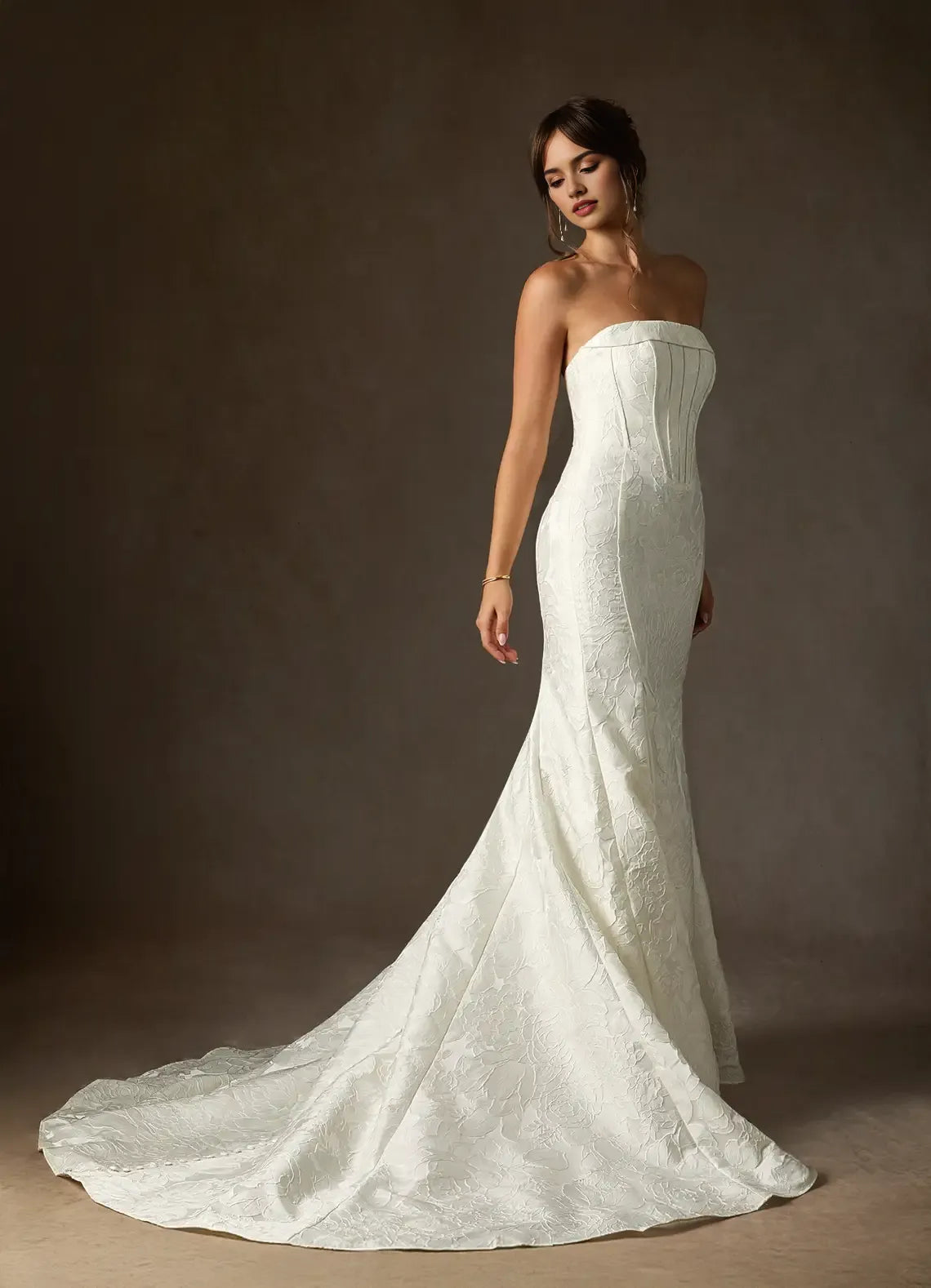 Unique White Mermaid Strapless Floral Jacquard Wedding Dresses Neckline Sculpted Corset Fit Detailing Mermaid Train