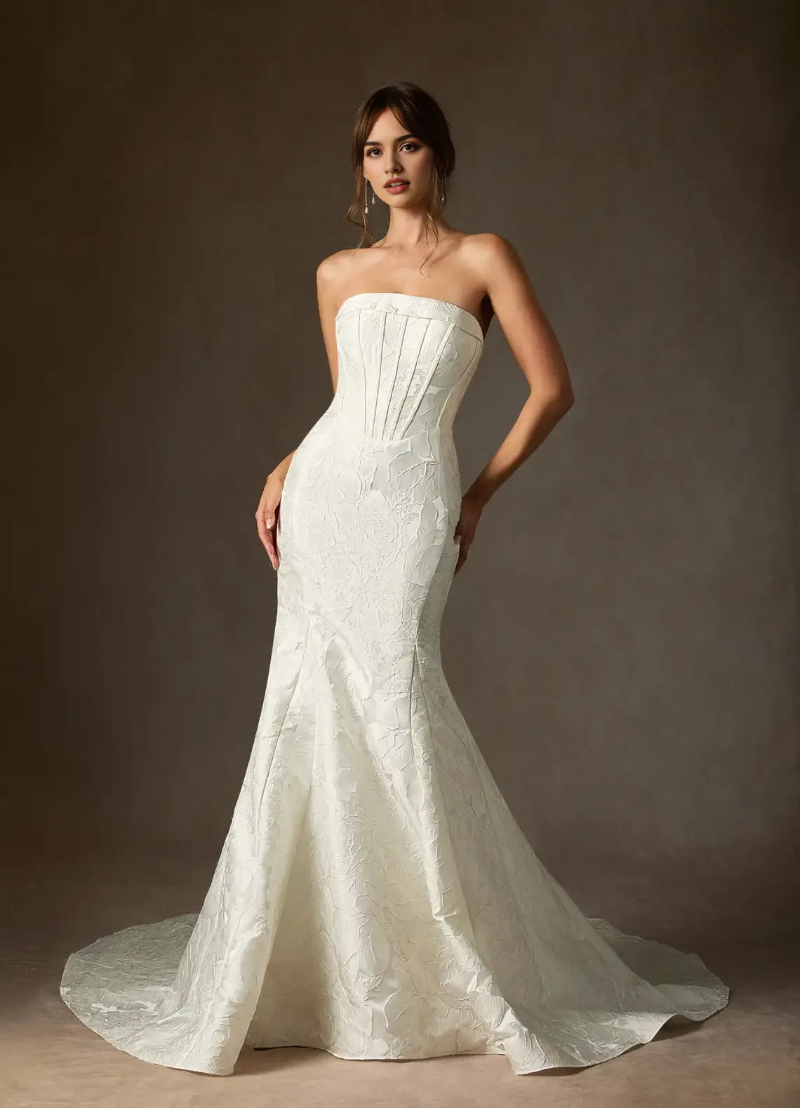 Unique White Mermaid Strapless Floral Jacquard Wedding Dresses Neckline Sculpted Corset Fit Detailing Mermaid Train