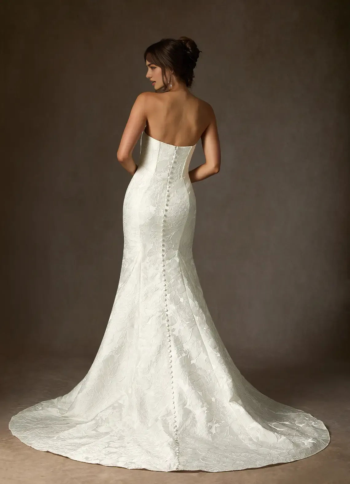 Unique White Mermaid Strapless Floral Jacquard Wedding Dresses Neckline Sculpted Corset Fit Detailing Mermaid Train