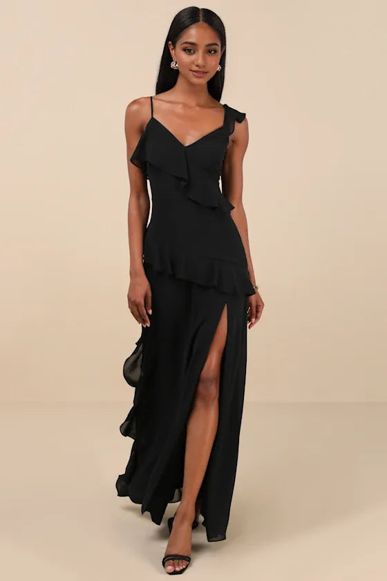 Utterly Captivating Black Ruffled Sleeveless Evening Dresses