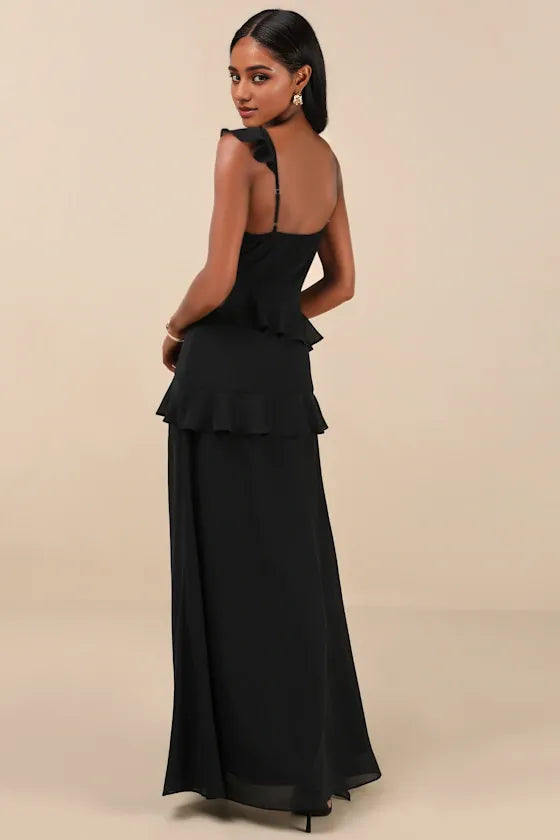 Utterly Captivating Black Ruffled Sleeveless Evening Dresses