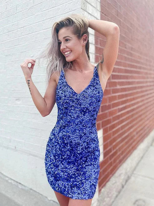 DingJiDress Sexy Fitted V-Neck Sleeveless Short Velvet Sequin Prom Dress