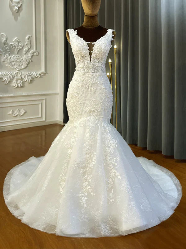 DingJiDress Beach Straps Illusion V Neck Applique Mermaid Wedding Dresses