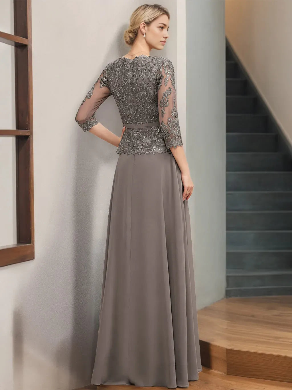 V-Neck 3/4 Length Sleeves Floor-Length Mother Of The Bride Dresses with Appliques Sequins