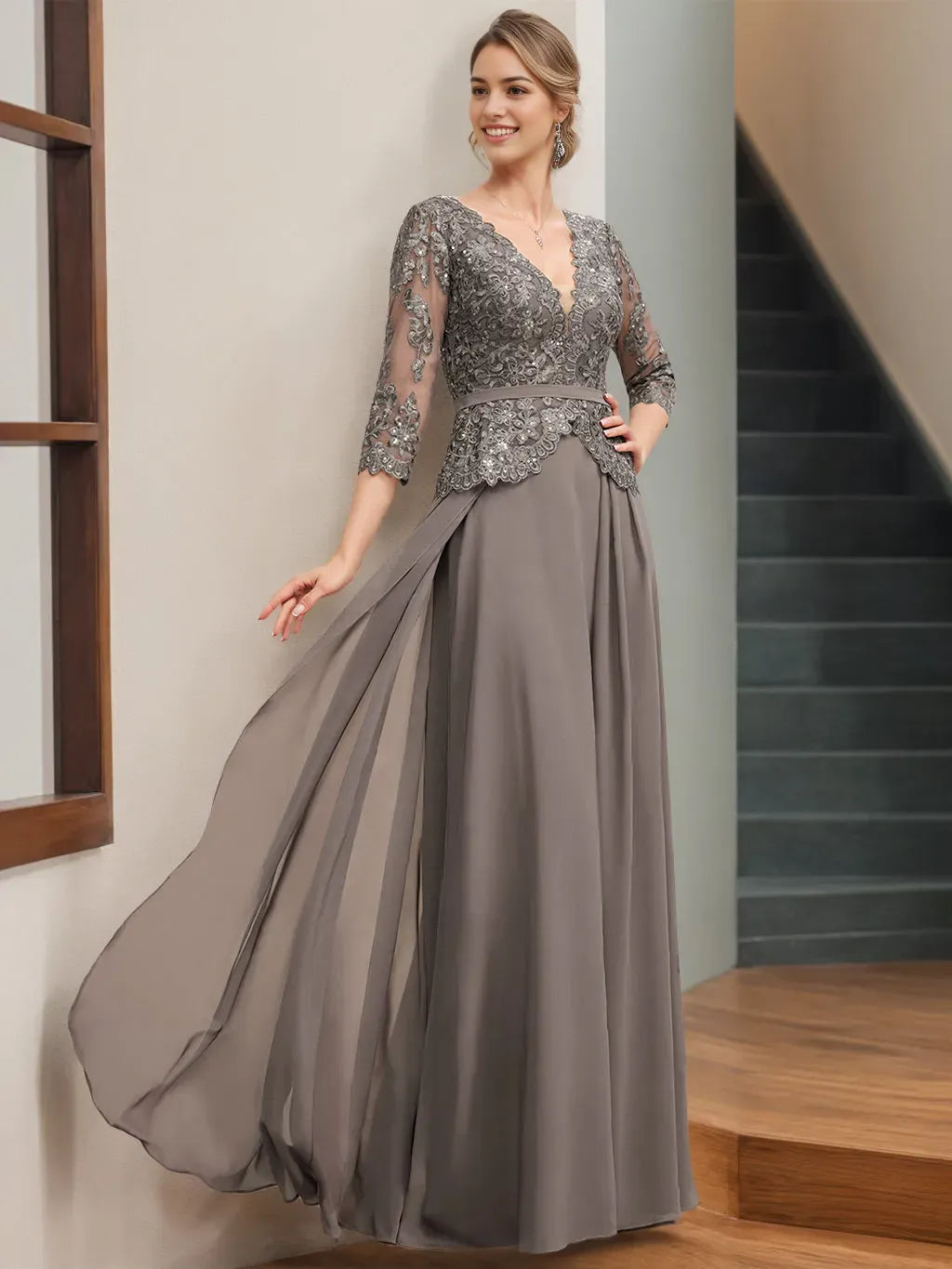 V-Neck 3/4 Length Sleeves Floor-Length Mother Of The Bride Dresses with Appliques Sequins