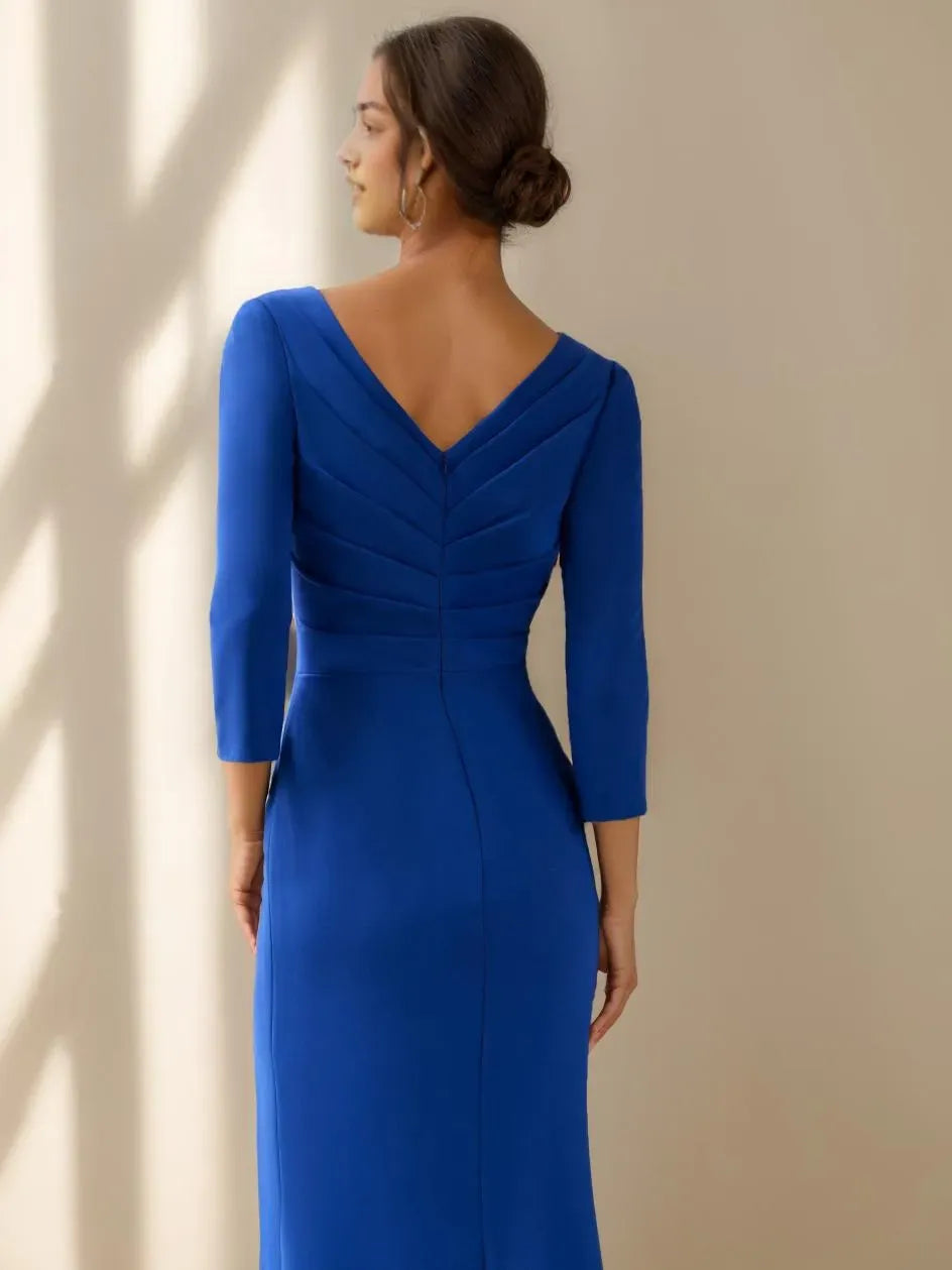 V-Neck 3/4 Length Sleeves Floor-Length Mother of the Bride Dresses With Ruffles, beaded Appliques