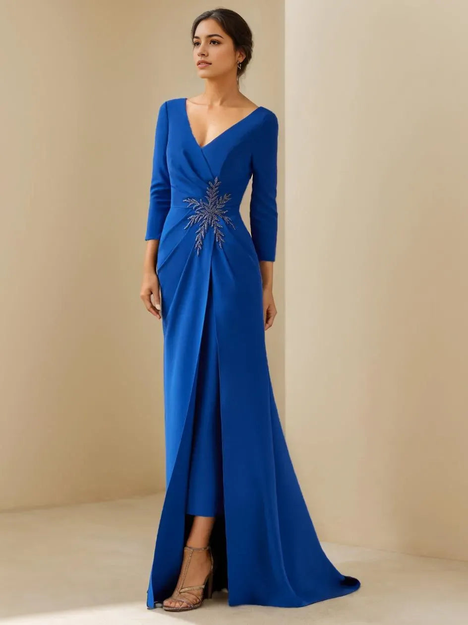 V-Neck 3/4 Length Sleeves Floor-Length Mother of the Bride Dresses With Ruffles, beaded Appliques