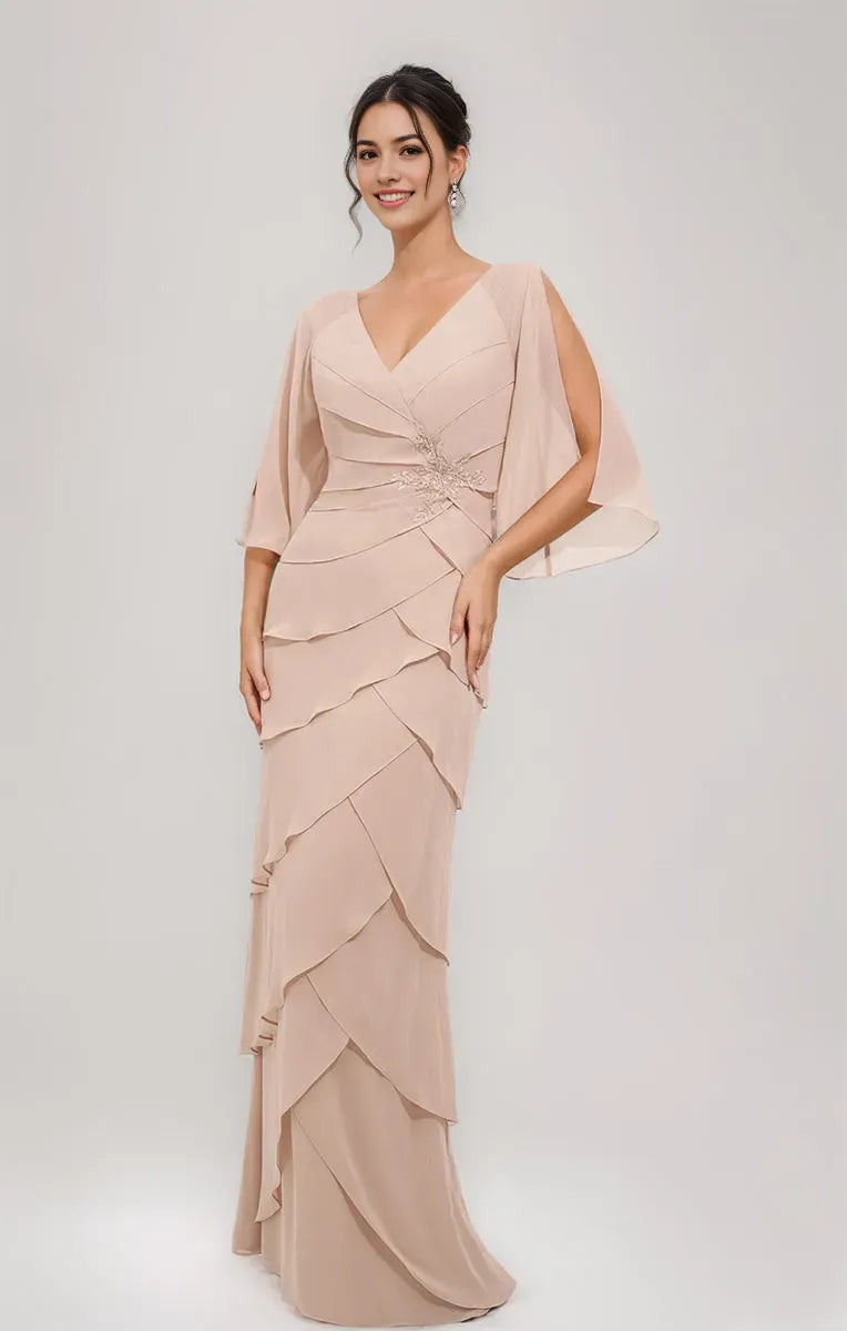 V-Neck 3/4 Sleeves Mother Of The Bride Groom Dresses with Appliques Ruffles