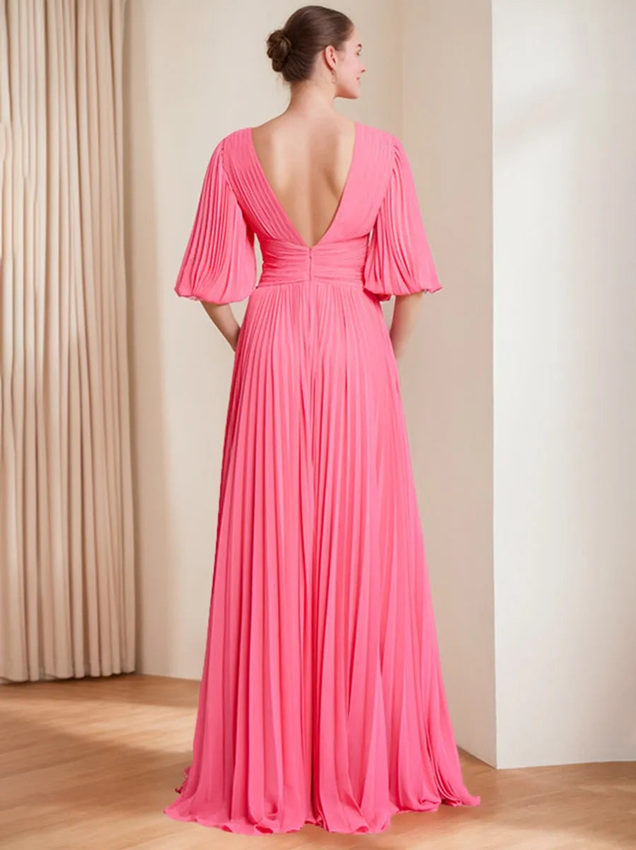 V-Neck 3/4 Sleeves Pleated Chiffon Chic Mother of the Bride Groom Dresses