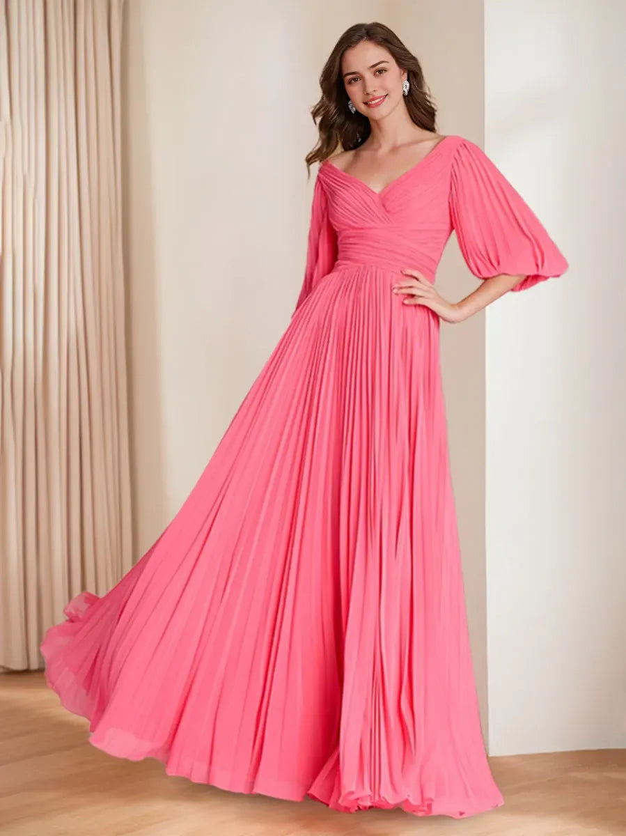V-Neck 3/4 Sleeves Pleated Chiffon Chic Mother of the Bride Groom Dresses