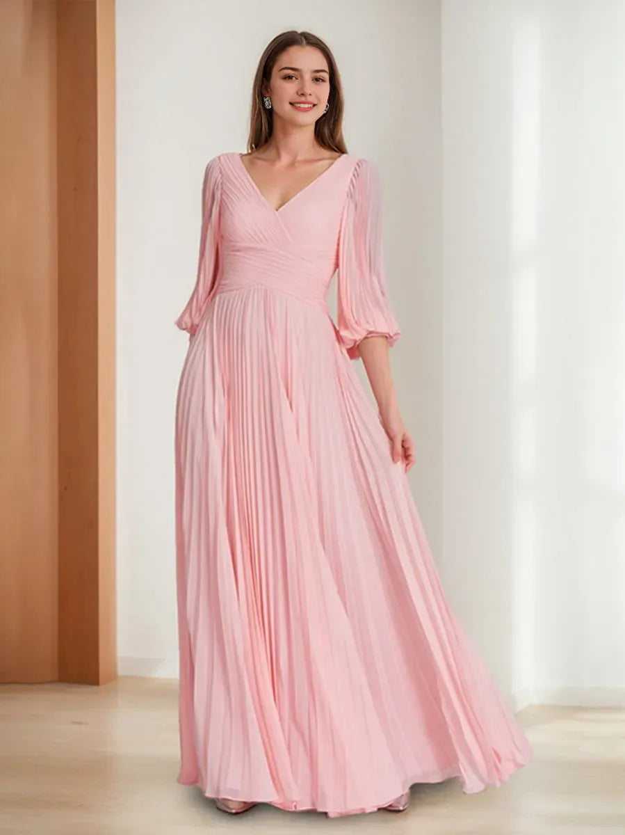 V-Neck 3/4 Sleeves Pleated Chiffon Chic Mother of the Bride Groom Dresses