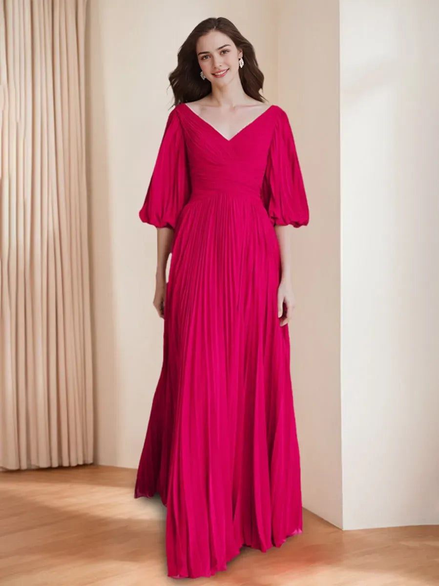 V-Neck 3/4 Sleeves Pleated Chiffon Chic Mother of the Bride Groom Dresses