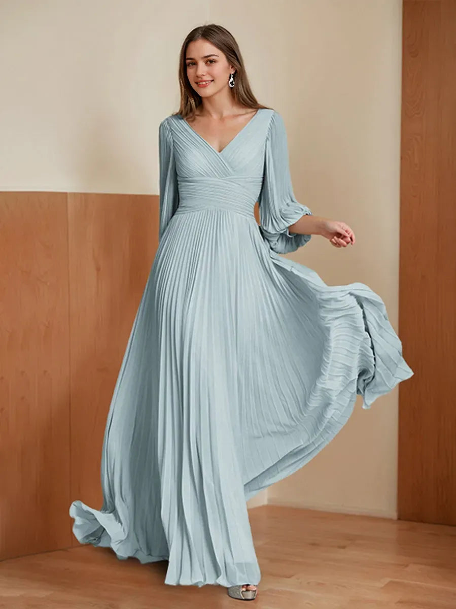 V-Neck 3/4 Sleeves Pleated Chiffon Chic Mother of the Bride Groom Dresses