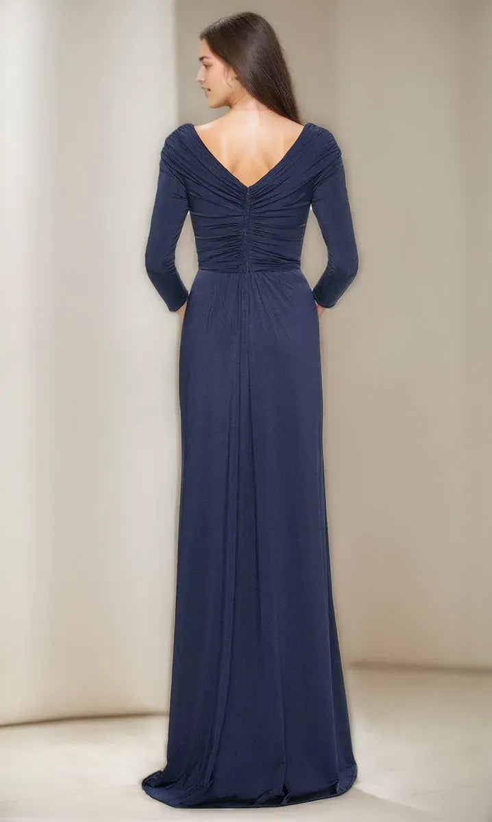 V-Neck 3/4 Sleeves Ruched Mother Of The Bride Groom Dresses with Ruffles