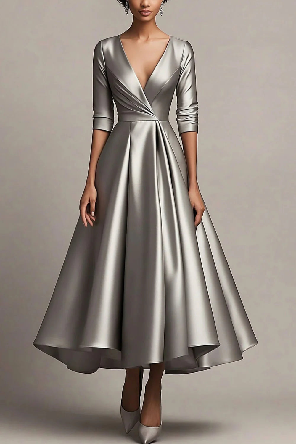 V-Neck A Line Satin Grey Sleeves Calf Length Mother Dress ﻿