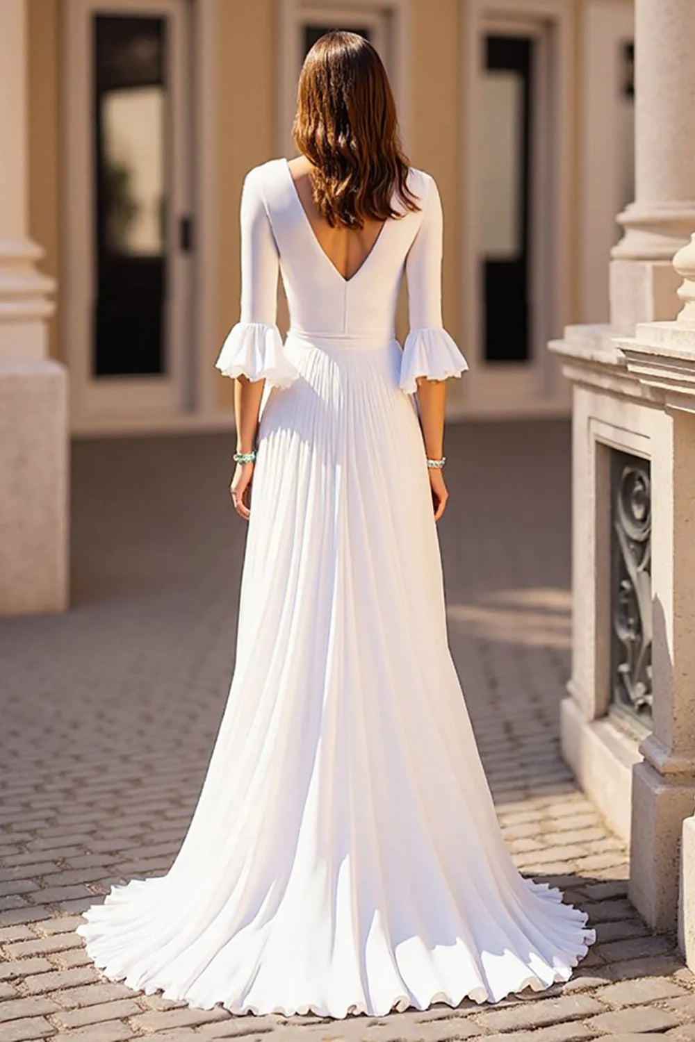 V-Neck Chiffon Sweep Train Ruffled Wedding Dress with Half Sleeves