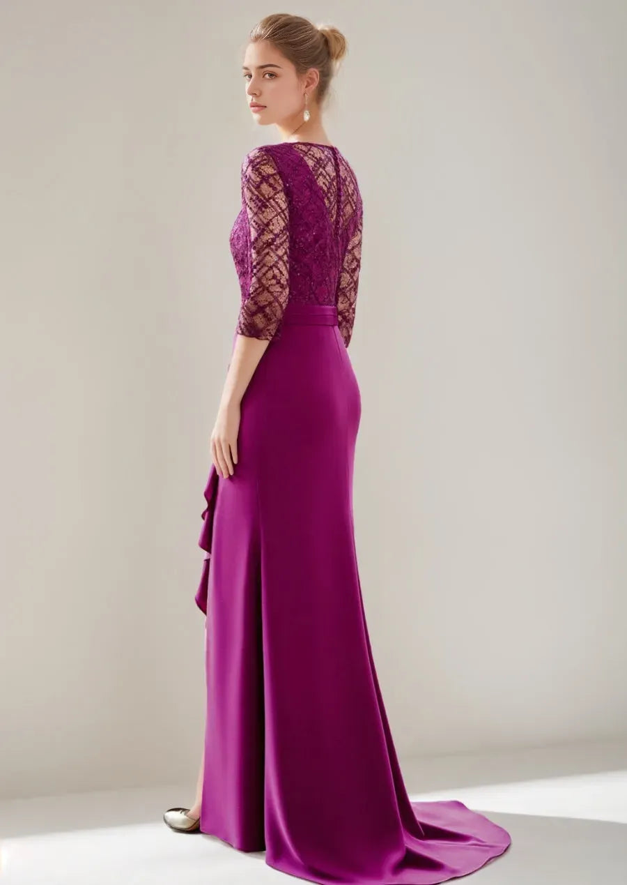 V-Neck Floor-Length Mother of the Bride Dresses with Slit Ruffles Tulle Lace