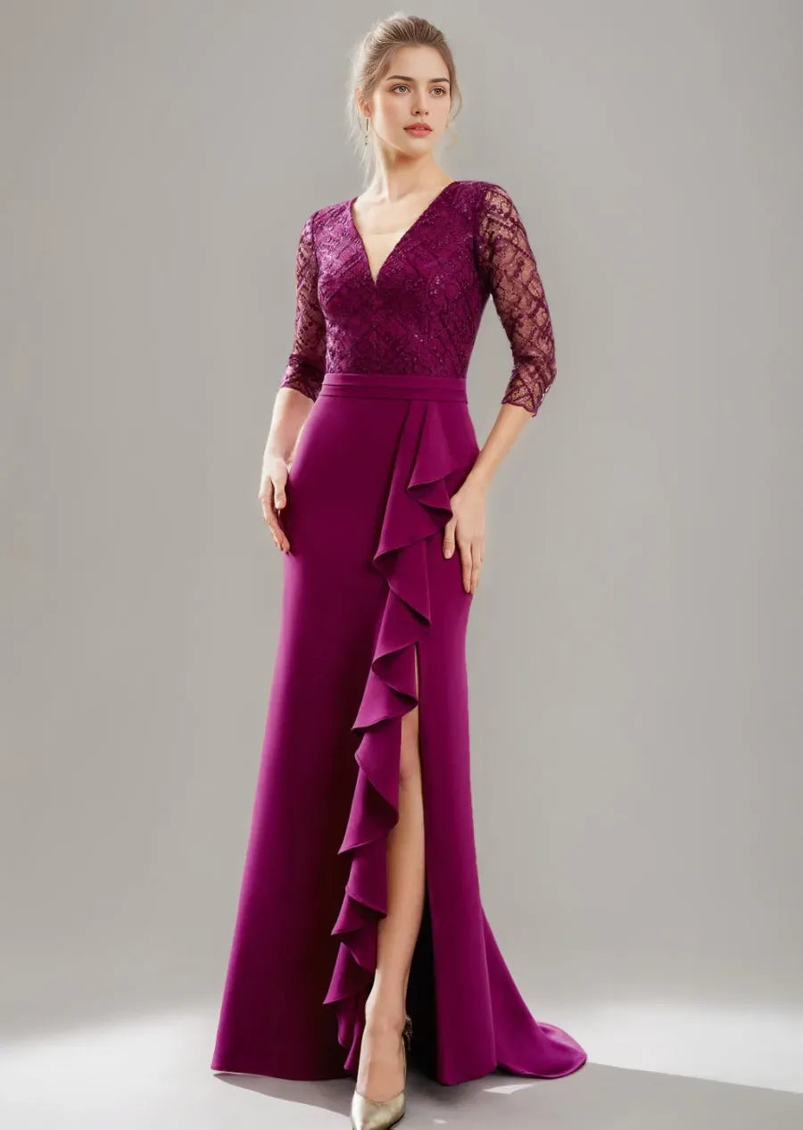 V-Neck Floor-Length Mother of the Bride Dresses with Slit Ruffles Tulle Lace