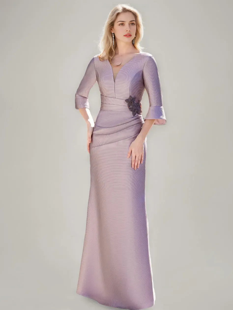 V-Neck Floor-Length Ruched Mother of the Bride Dresses with Ruffled Sleeves Jewel Appliques