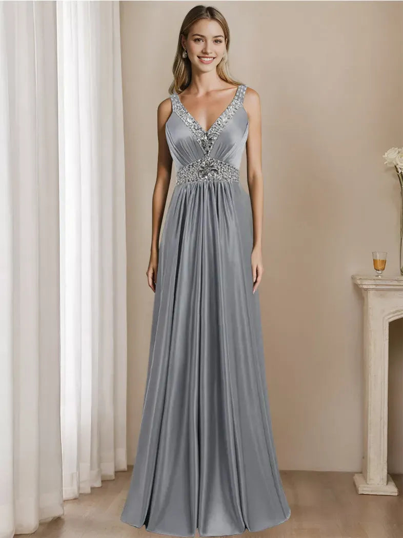 V-Neck Floor-Length Sleeveless Mother of the Bride Dresses With Rhinestone
