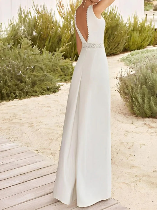 V-Neck Floor-Length Wedding Dress With Lace Sash
