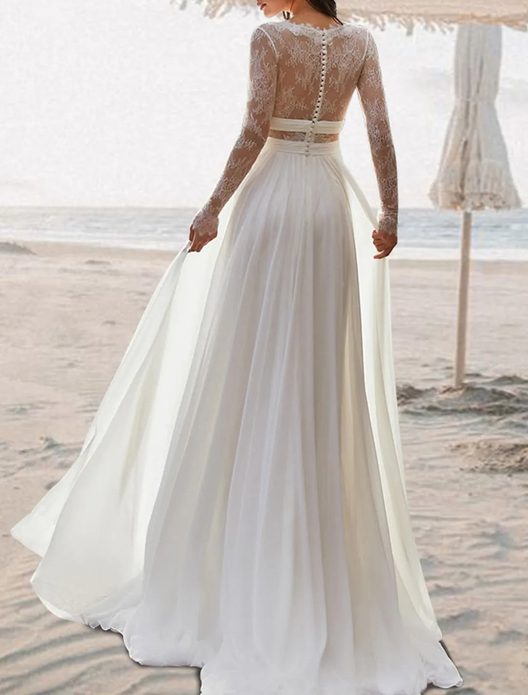 V-Neck Floor-length Lace Wedding Dress