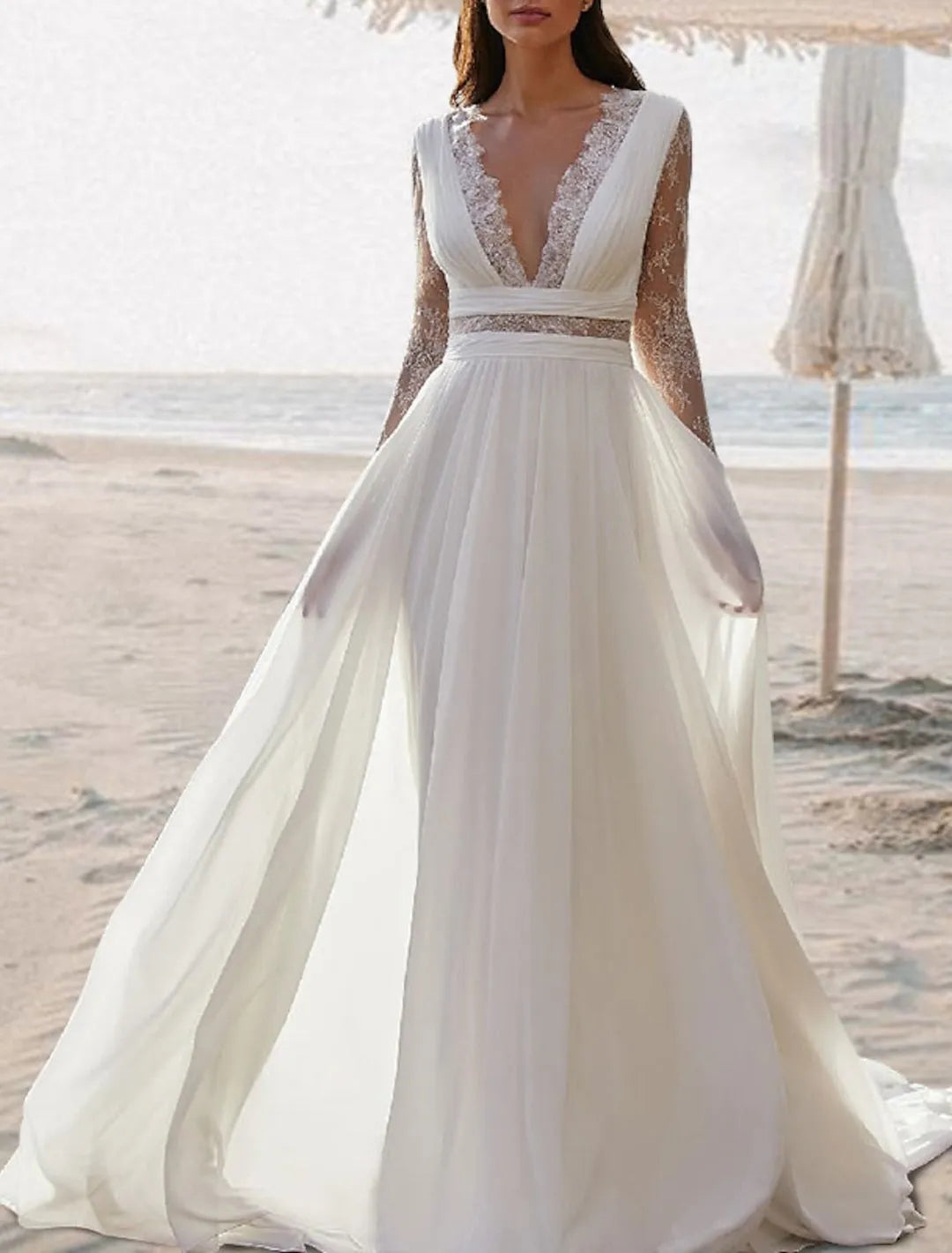 V-Neck Floor-length Lace Wedding Dress