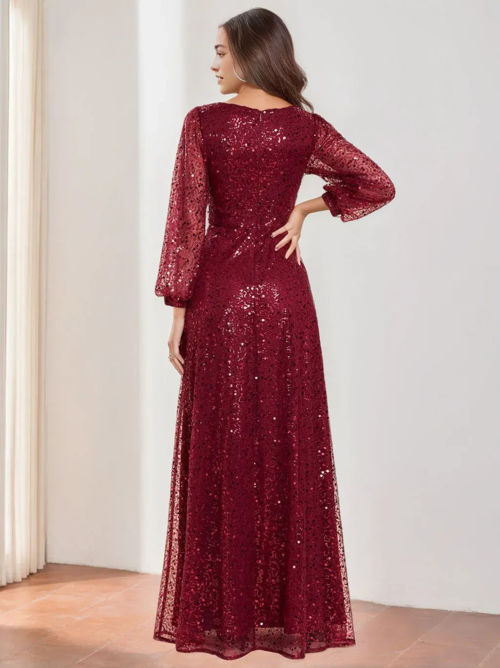 V-Neck Long Lantern Sleeves Floor Length Sequined Mother of the Bride Dresses