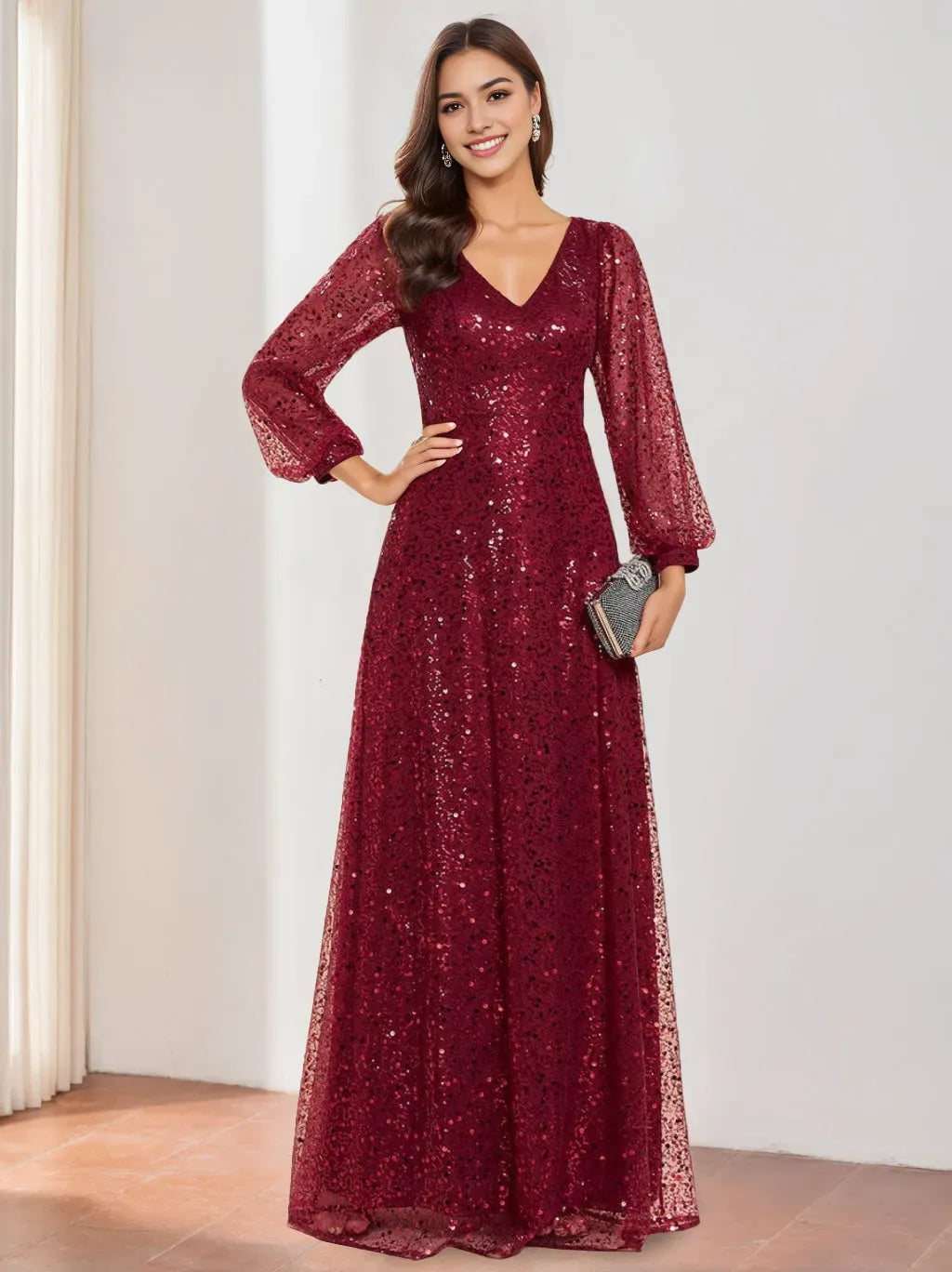 V-Neck Long Lantern Sleeves Floor Length Sequined Mother of the Bride Dresses
