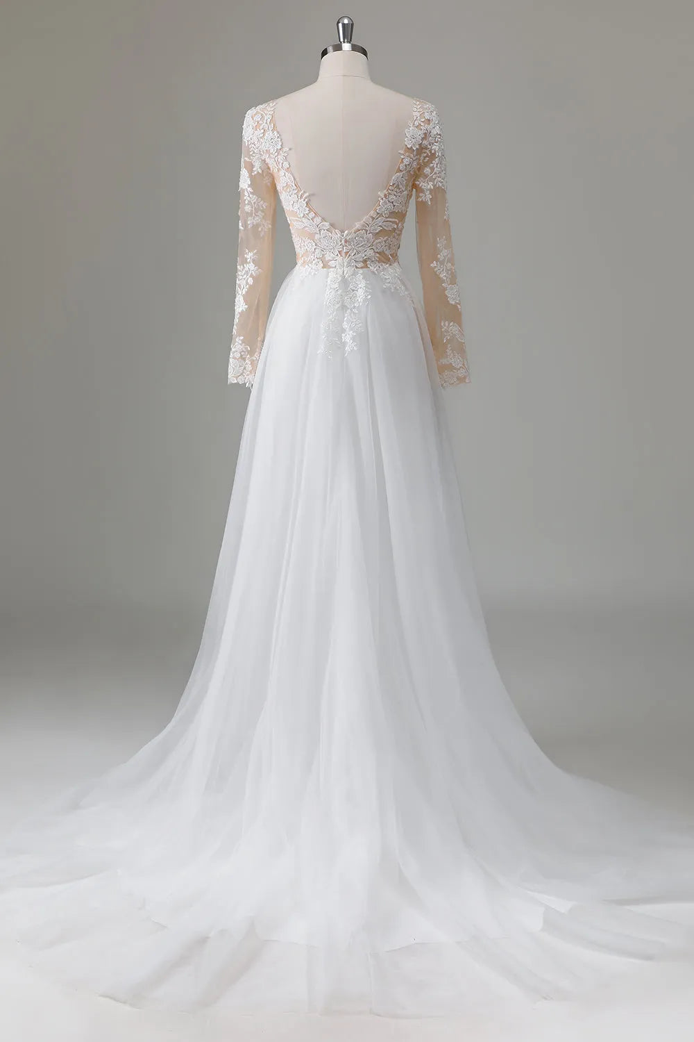 V-Neck Long Sleeves Appliqued Wedding Dress with Slit ﻿