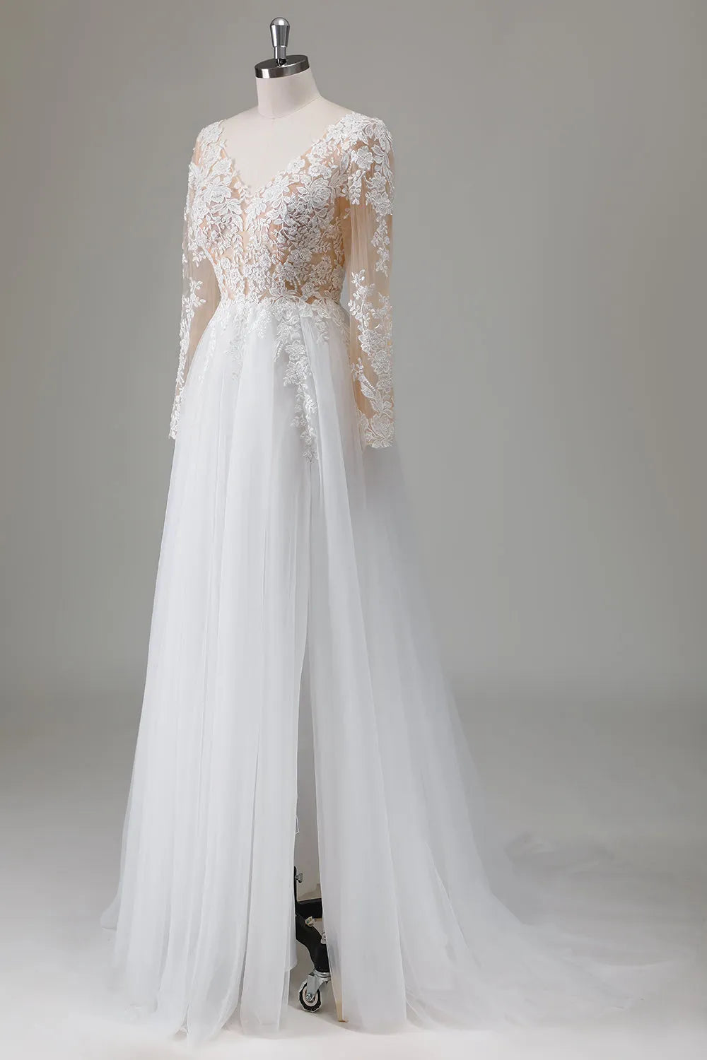 V-Neck Long Sleeves Appliqued Wedding Dress with Slit ﻿
