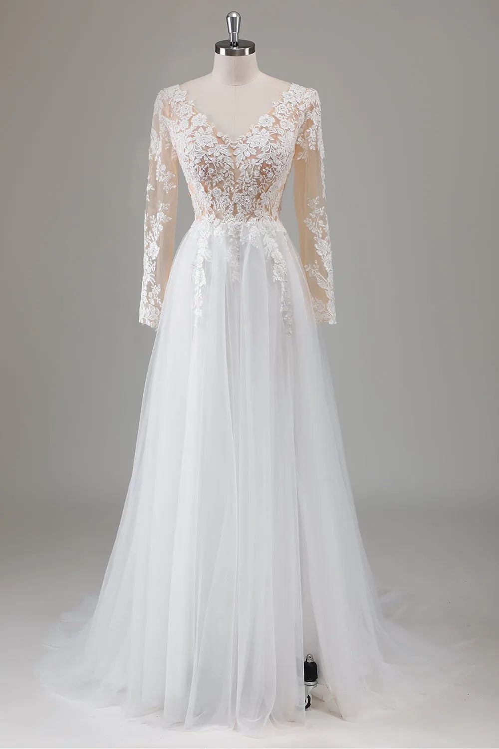 V-Neck Long Sleeves Appliqued Wedding Dress with Slit ﻿