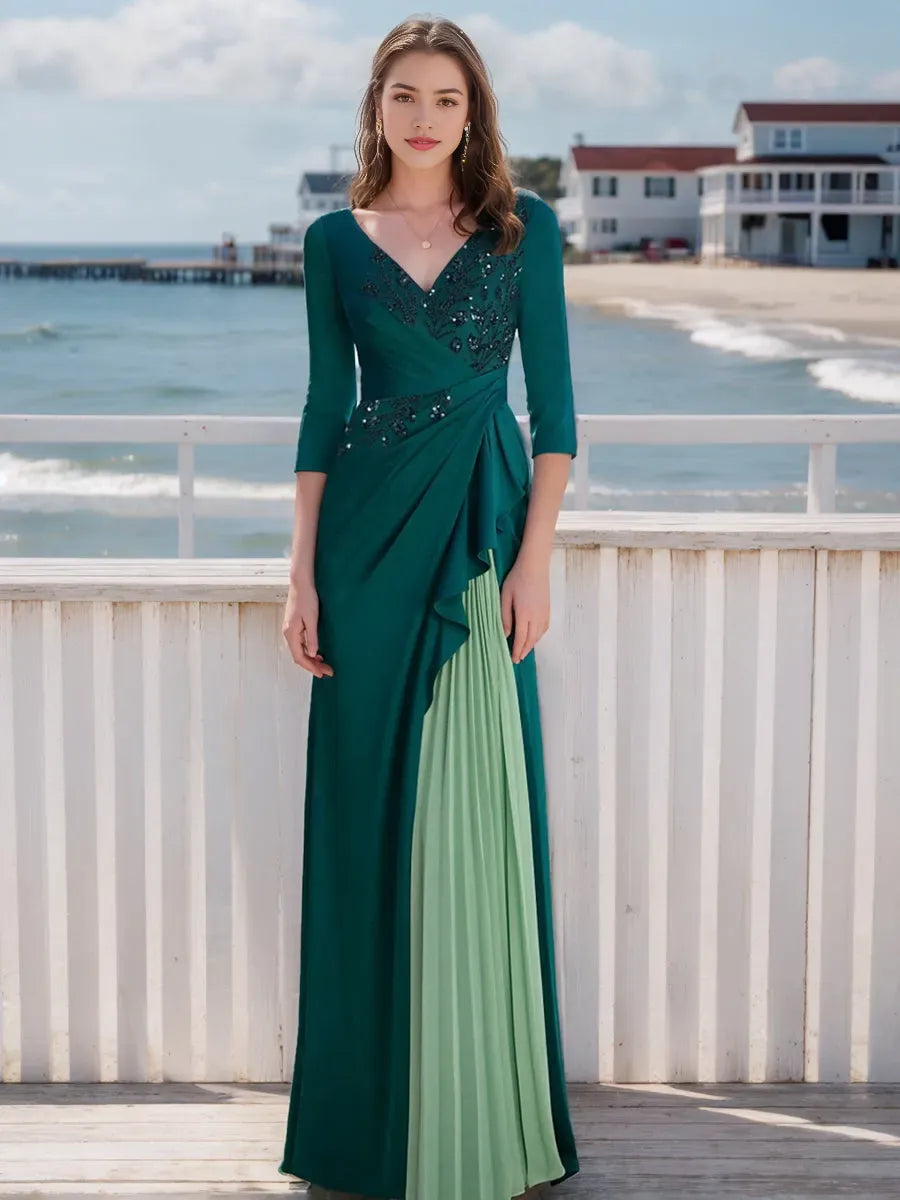 V-Neck Long Sleeves Elegant Mother of the Bride  Groom Dresses with Appliques Ruffles